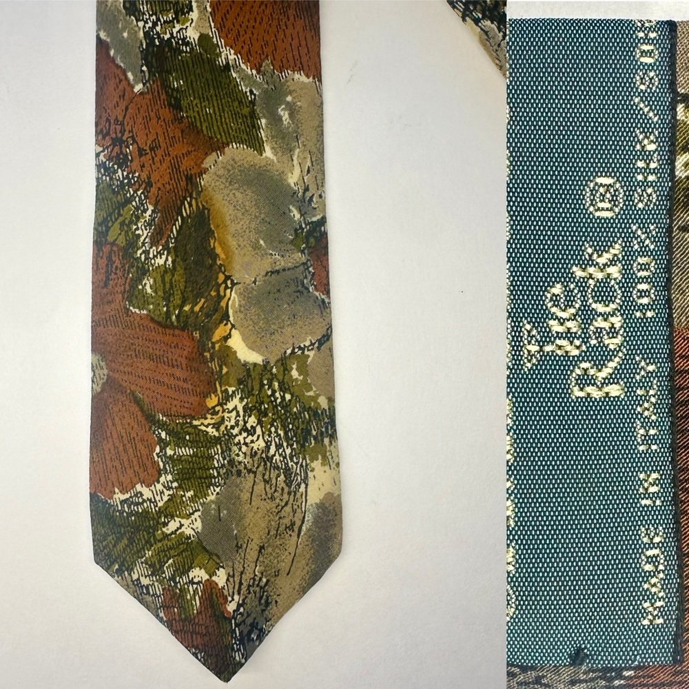 TIE RACK Charleston Abstract Floral Green Brown Slim Italian Silk Tie, 2.5”